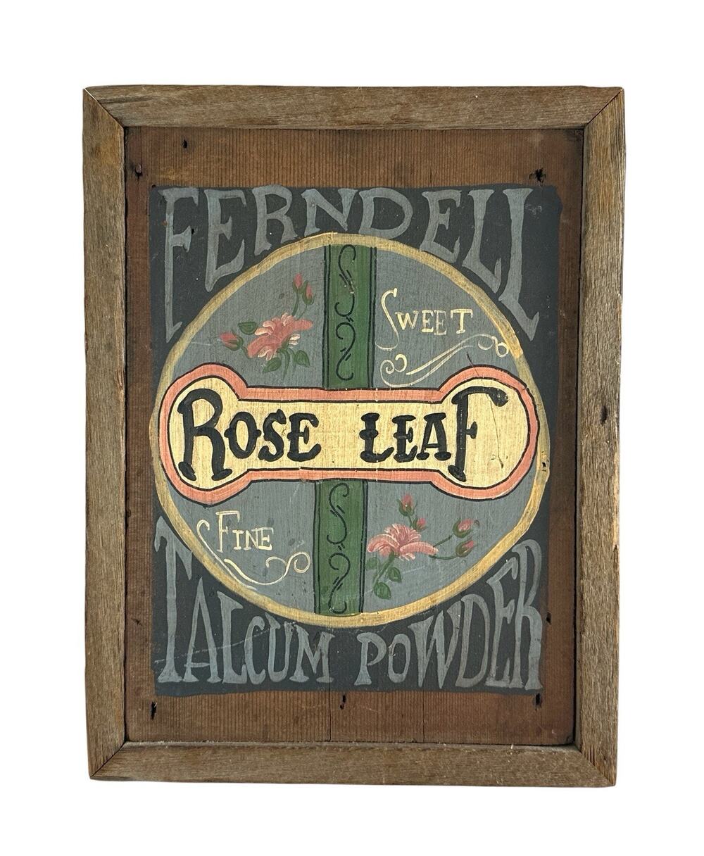 Vintage Folk Art Rose Leaf Talcum Powder Advertising Sign Wood Framed 15”
